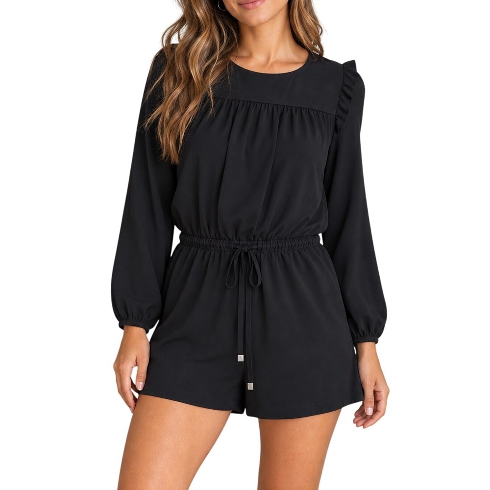 LOFT Ann Taylor Black Long Sleeve Ruffle Romper Petite XSP Drawstring Waist